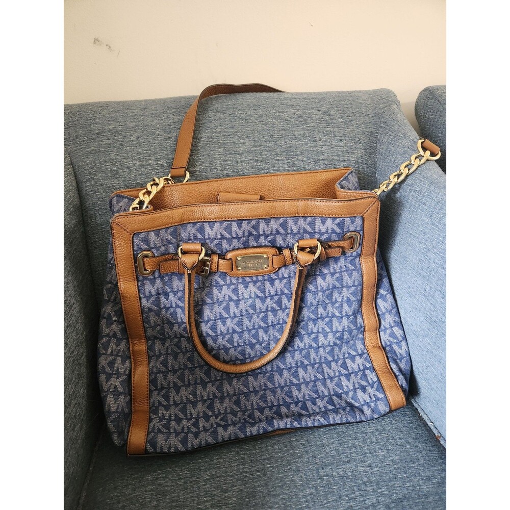 Michael Kors Hamilton Frame Out North South Tote Denim Fabric Brown Leather